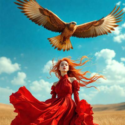 The primary subject of the image is a woman wearing a red dress, standing in a field with her hair flowing in the wind. The setting is an outdoor environment with a sky background. The visual style of the image is a combination of photo and digital art, creating a unique and artistic representation of the woman and her surroundings. The dominant colors in the image are red and orange, giving the scene a warm and vibrant atmosphere.